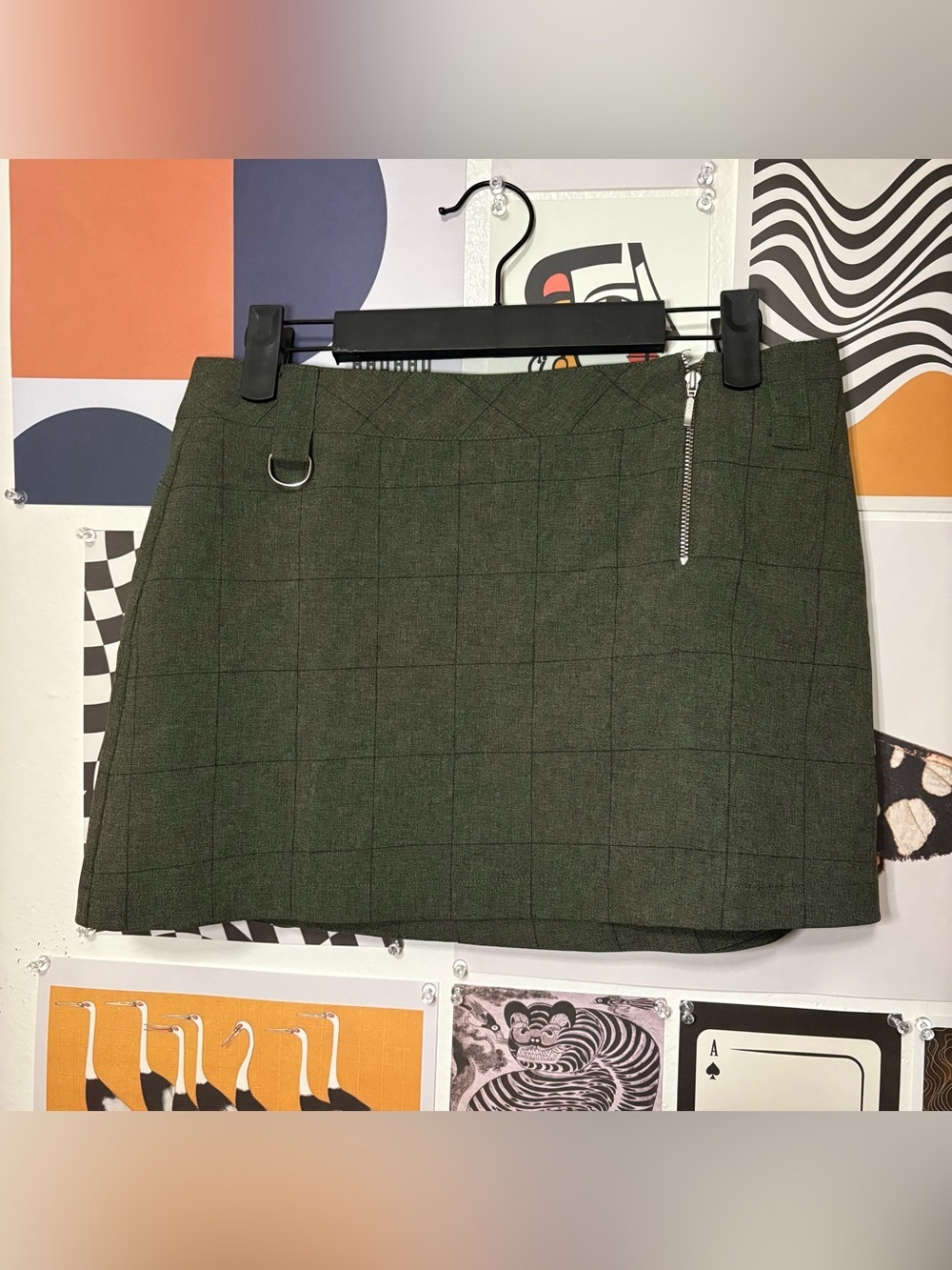 Olive Windowpane Mini Skirt with Zip
